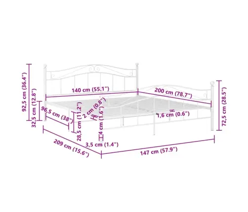 Voodiraam, Valge, Metall, 140 X 200 Cm