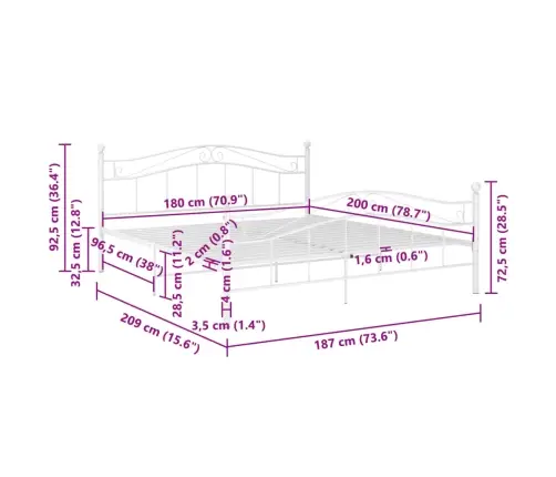 Gultas Rāmis, Balts, Metāls, 180X200 Cm Vidaxl