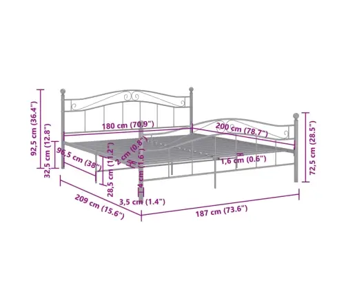 Voodiraam, Hall, Metall, 180 X 200 Cm