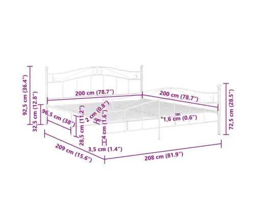 Voodiraam, Valge, Metall, 200 X 200 Cm