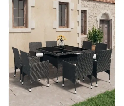 9-Daļīgs Dārza Mēbeļu Komplekts, Melns, Pe Rotangpalma, Stikls Vidaxl