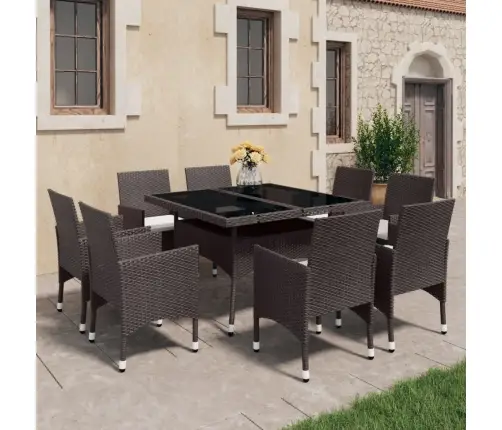 9-Daļīgs Dārza Mēbeļu Komplekts, Brūna Pe Rotangpalma, Stikls  Vidaxl