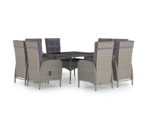 Valgomojo Komplektas, 9 Dalių, Pilkas, Poliratanas Ir Stiklas