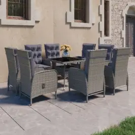 9-Daļīgs Dārza Mēbeļu Komplekts, Pelēks, Pe Rotangpalma, Stikls Vidaxl