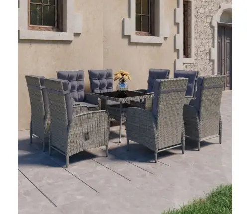 Valgomojo Komplektas, 9 Dalių, Pilkas, Poliratanas Ir Stiklas