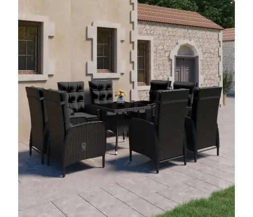 9-Daļīgs Dārza Mēbeļu Komplekts, Melns, Pe Rotangpalma, Stikls Vidaxl