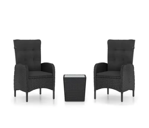 Sodo Bistro Komplektas, 3 Dalių, Juodas, Poliratanas Ir Stiklas