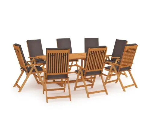 9-Daļīgs Dārza Mēbeļu Komplekts Ar Pelēkiem Matračiem, Tīkkoks Vidaxl