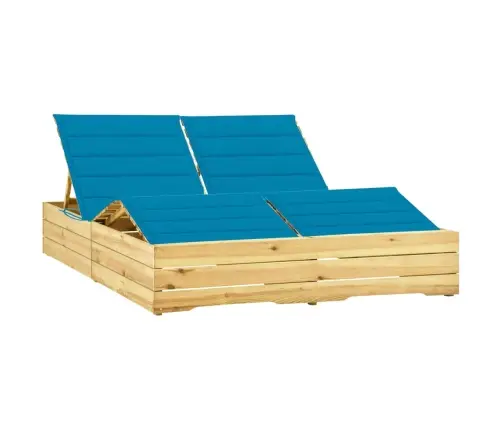 Dvivietis Saulės Gultas Su Mėlynais Čiužinukais, Pušies Mediena