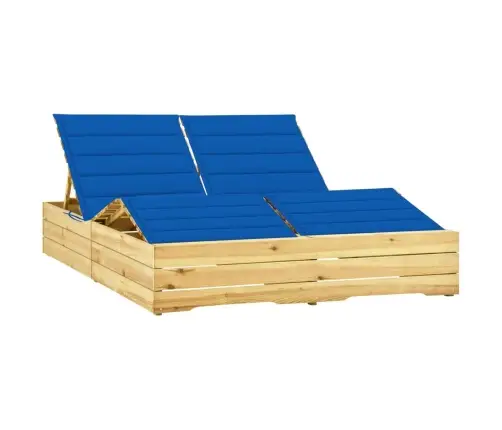 Dvivietis Saulės Gultas Su Mėlynais Čiužinukais, Pušies Mediena
