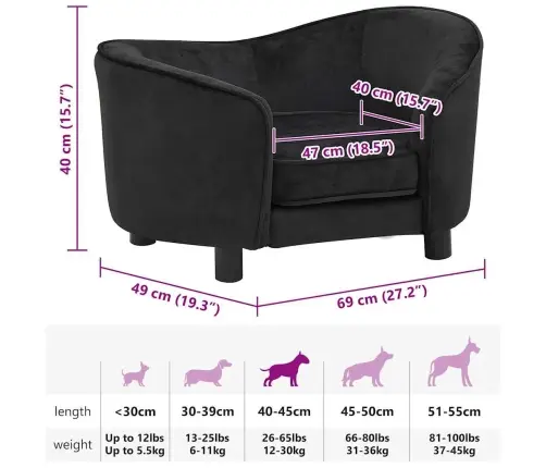 Dīvāns Suņiem, Melns, 69X49X40 Cm, Plīšs Vidaxl