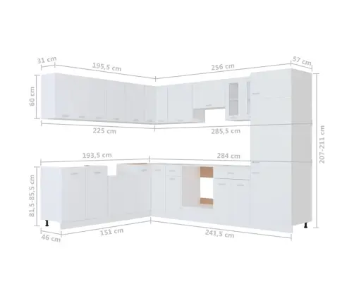 14-Osaline Köögikappide Komplekt "Lyon", Valge, Töödeldud Puit