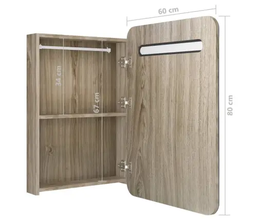 Vannasistabas Skapītis Ar Spoguli Un Led, 60X11X80 Cm, Ozolkoka Vidaxl