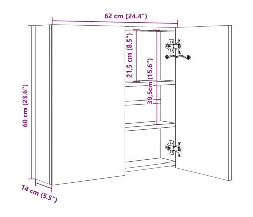 Led Vannitoa Peegelkapp, Tamm, 62 X 14 X 60 Cm