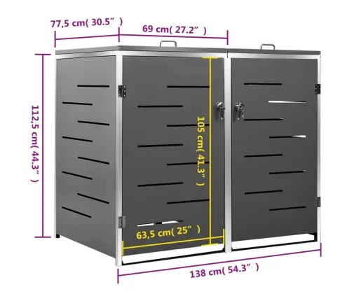 Dvivietė Konteinerių Pastogė, 138X77,5X112,5 cm Plienas