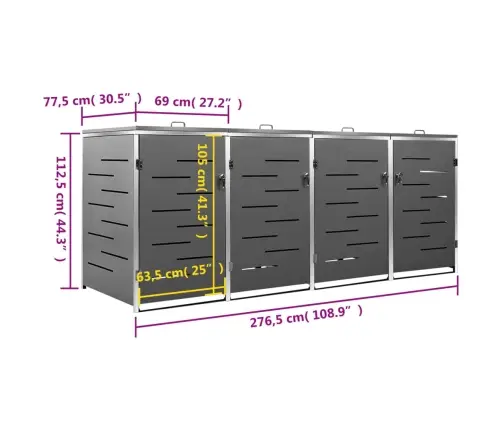4-Daļīga Nojume Atkritumu Tvertnēm, 276,5X77,5X112,5Cm, Tērauds Vidaxl