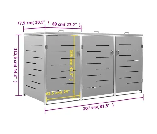 Trivietė Konteinerių Pastogė, 207X77,5X112,5 cm Plienas