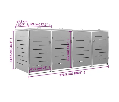 4-Daļīga Nojume Atkritumu Tvertnēm, 276,5X77,5X112,5Cm, Tērauds Vidaxl