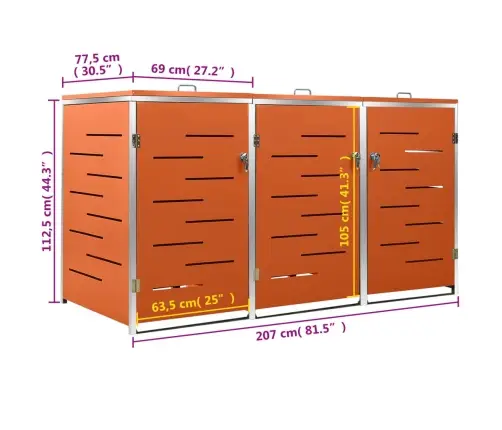 3-Daļīga Nojume Atkritumu Tvertnēm, 207X77,5X112,5 Cm, Tērauds Vidaxl