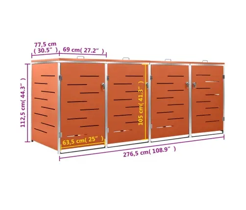 4-Daļīga Nojume Atkritumu Tvertnēm, 276,5X77,5X112,5Cm, Tērauds Vidaxl