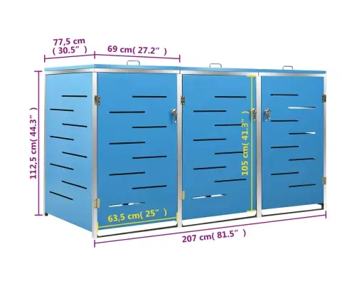 3-Daļīga Nojume Atkritumu Tvertnēm, 207X77,5X112,5 Cm, Tērauds Vidaxl