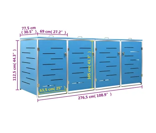 4-Daļīga Nojume Atkritumu Tvertnēm, 276,5X77,5X112,5Cm, Tērauds Vidaxl