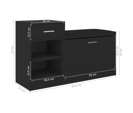 Apavu Plaukts, Melns, 94,5X31X57 Cm, Inženierijas Koks Vidaxl