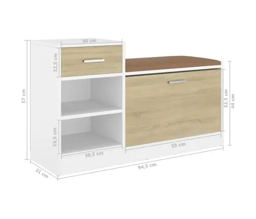 Apavu Plaukts, Balts, Ozolkoka, 94,5X31X57Cm, Inženierijas Koks Vidaxl