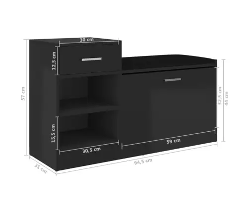 Apavu Plaukts, Spīdīgi Melns, 94,5X31X57 Cm, Inženierijas Koks Vidaxl