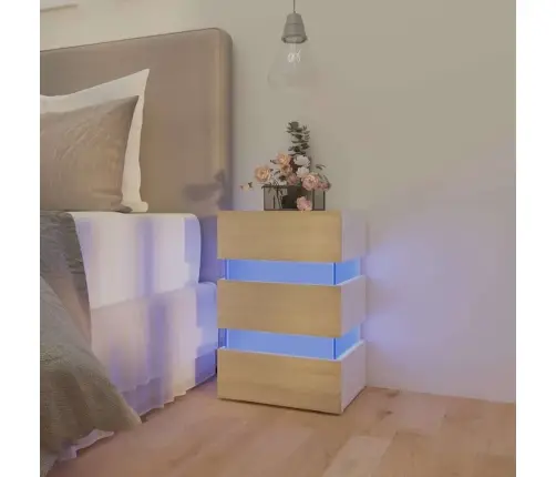 Naktinė Spintelė Su Led, Balta Ir Ąžuolo, 45X35X67cm Mediena