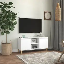 Tv Spintelė Su Medinėmis Kojelėmis, Balta, 103,5X35X50Cm