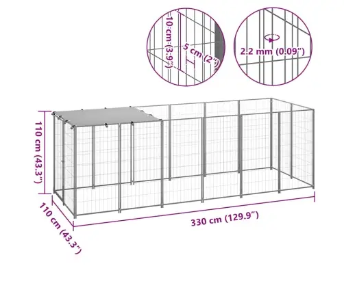Voljeras Šunims, Sidabrinės Spalvos, 330X110X110cm Plienas