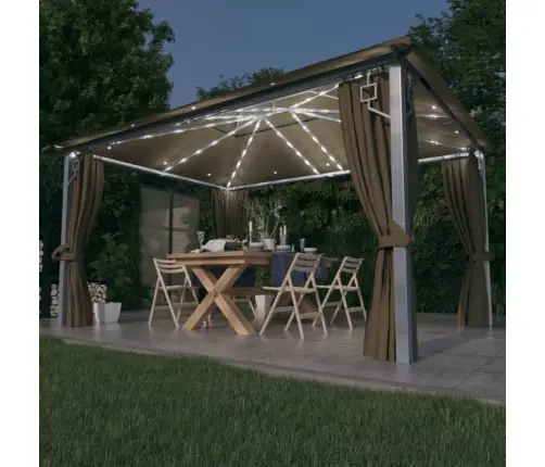 Dārza Nojume Ar Aizkariem Un Led Lampiņām, 4X3 M, Pelēkbrūna Vidaxl