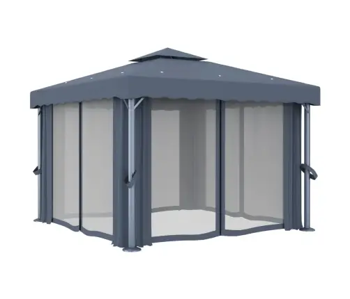 Dārza Nojume Ar Aizkariem Un Led Lampiņu Virtenēm, 3X3M, Pelēka Vidaxl