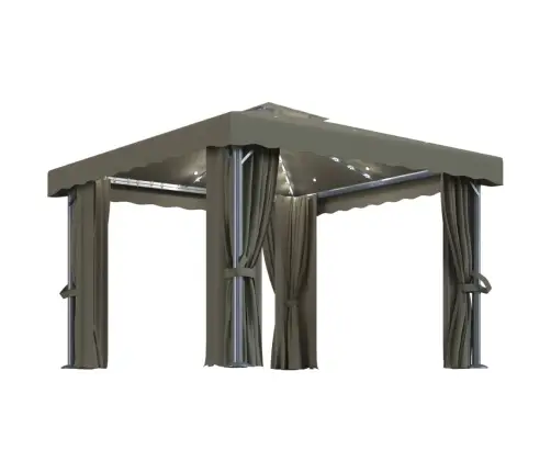 Dārza Nojume Ar Aizkariem Un Led Lampiņām, 3X3 M, Pelēkbrūna Vidaxl