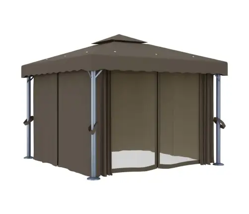 Dārza Nojume Ar Aizkariem Un Led Lampiņām, 3X3 M, Pelēkbrūna Vidaxl