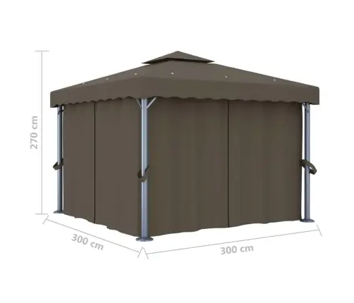 Dārza Nojume Ar Aizkariem Un Led Lampiņām, 3X3 M, Pelēkbrūna Vidaxl