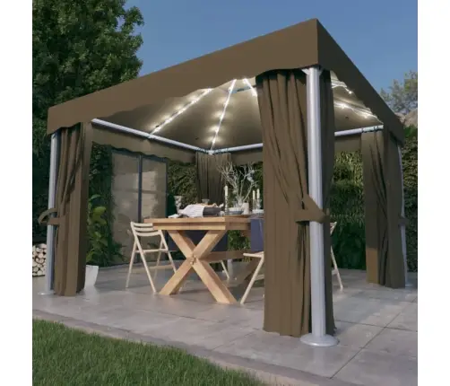 Dārza Nojume Ar Aizkariem Un Led Lampiņām, 3X3 M, Pelēkbrūna Vidaxl