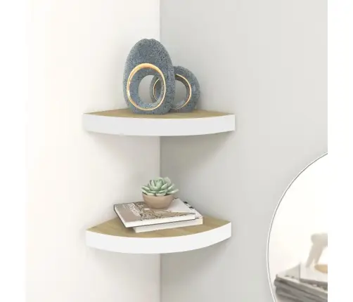 Stūra Sienas Plaukti, 2 Gab., Ozola, Balti, 25X25X3,8 Cm, Mdf Vidaxl