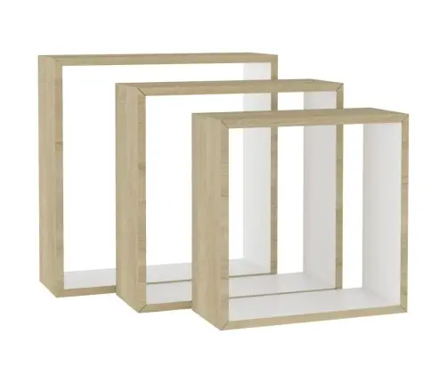 Kuba Formas Sienas Plaukti, 3 Gab., Baltā Un Ozolkoka Krāsā Vidaxl