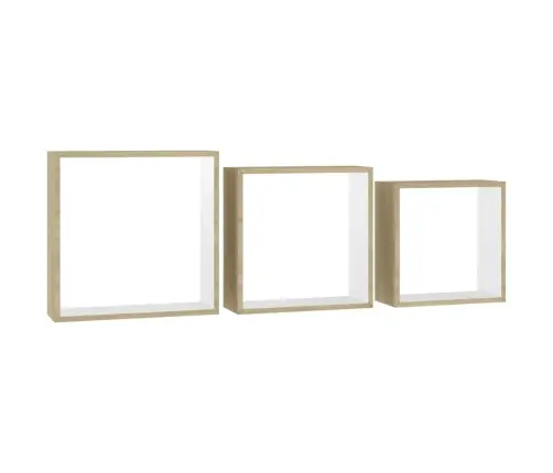 Kuba Formas Sienas Plaukti, 3 Gab., Baltā Un Ozolkoka Krāsā Vidaxl