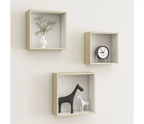 Kuba Formas Sienas Plaukti, 3 Gab., Baltā Un Ozolkoka Krāsā Vidaxl