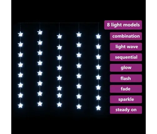 Led-Valguskardin Tähtedega, 200 Ledi, Külm Valge, 8 Funktsiooni