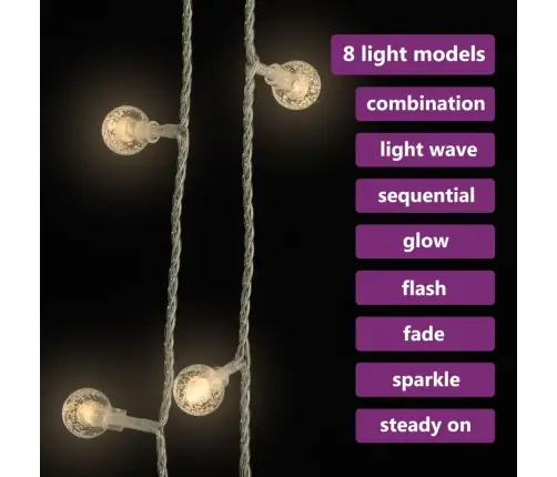 Led Lampiņu Virtene, 40 M, 400 Silti Baltas Led, 8 Funkcijas Vidaxl