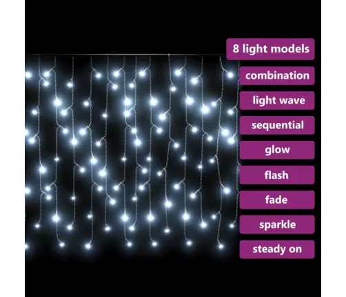 Led Girlianda Varvekliai, 10M, 400 Šaltų Baltų Led, 8 Funkcijos