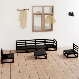 Sodo Poilsio Baldų Komplektas, 7 Dalių, Juodas, Pušies Masyvas