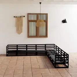 Sodo Poilsio Baldų Komplektas, 9 Dalių, Juodas, Pušies Masyvas