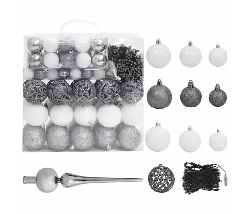 Izgaismota Ziemassvētku Egle Ar Rotājumiem, Balta, L, 240 Cm Vidaxl