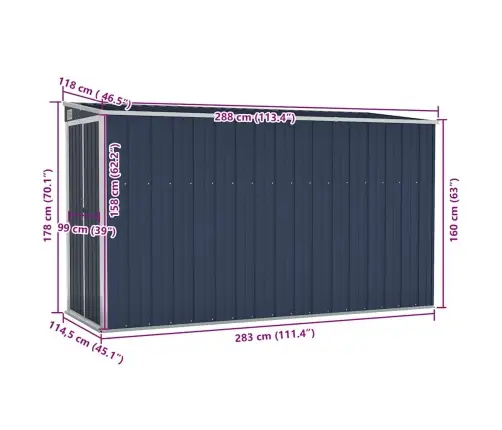 Dārza Šķūnis, Antracītpelēks, 118X288X178 Cm, Tērauds Vidaxl