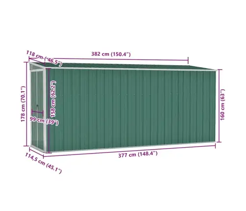 Sodo Pašiūrė, Žalia, 118X382X178cm Galvanizuotas Plienas